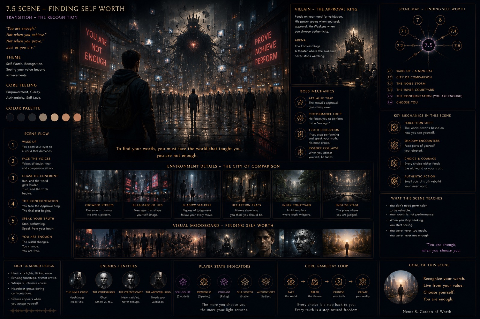 Scene design — Finding Self Worth, facing the City of Comparison and the Approval King