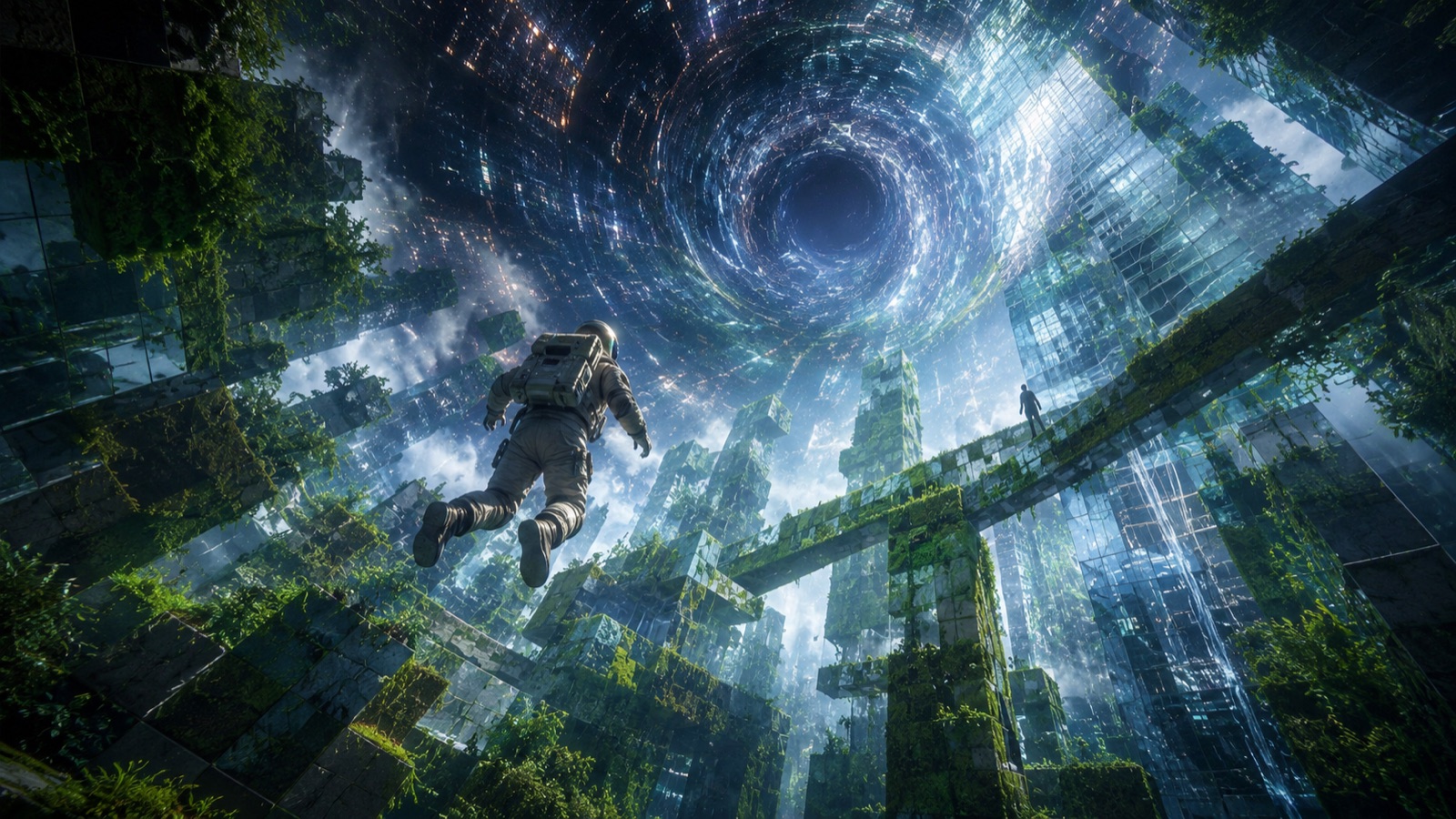 A figure drifting upward through an overgrown mirror city into a vortex