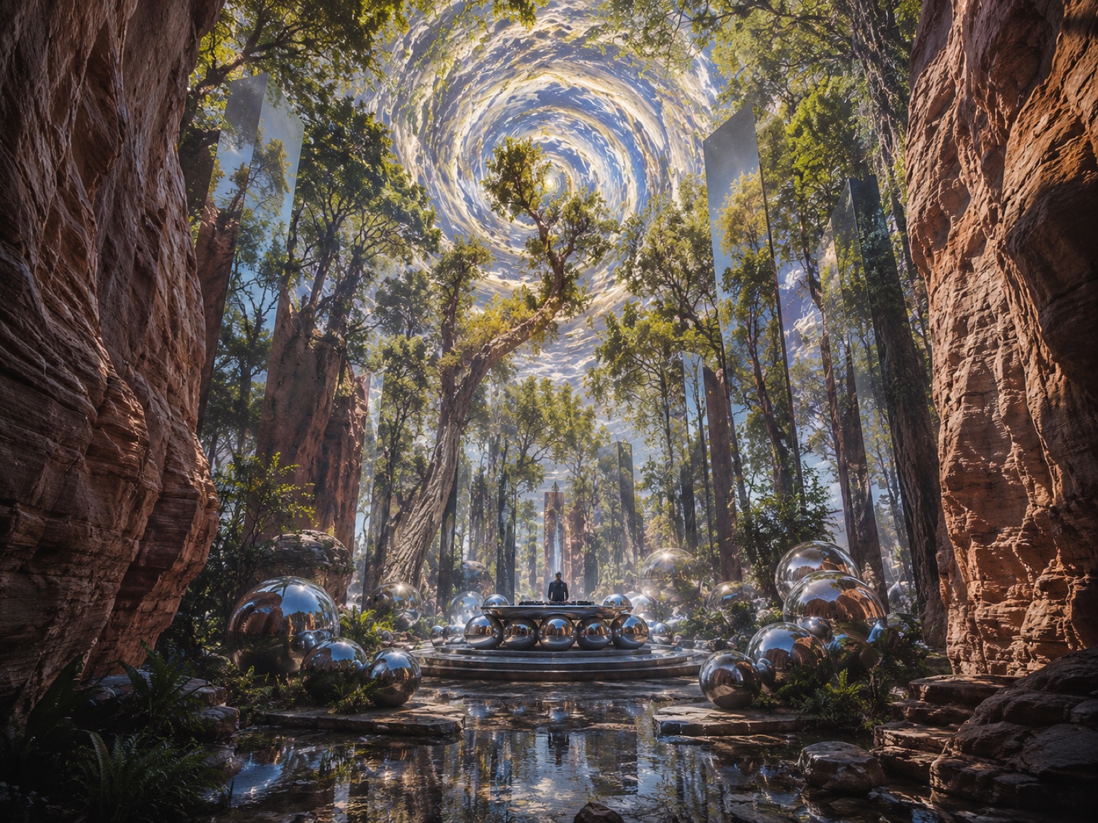 Mirror spheres gathered around an altar in a red canyon, the sky spiraling above