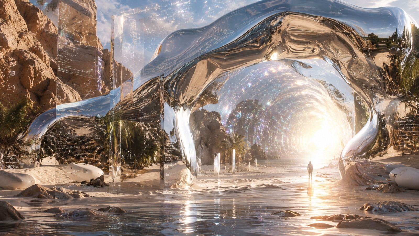 A liquid chrome arch over a desert shore, opening into a tunnel of light