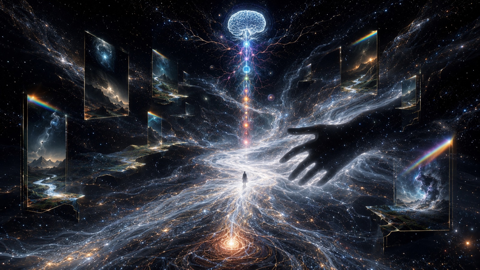A cosmic mindscape with a glowing brain and chakra column