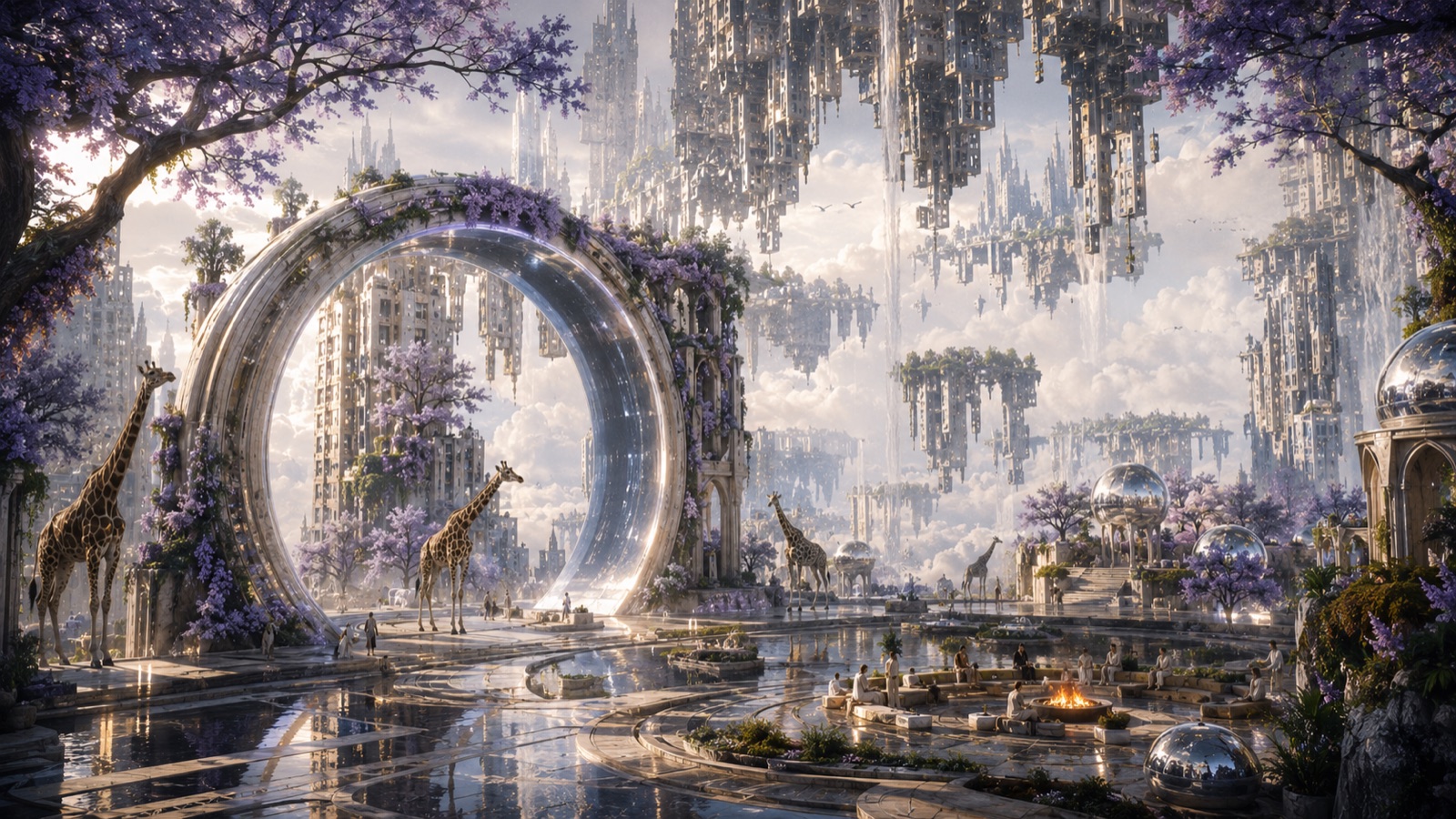 A crystal ring gate among wisteria trees, giraffes wandering a floating white city