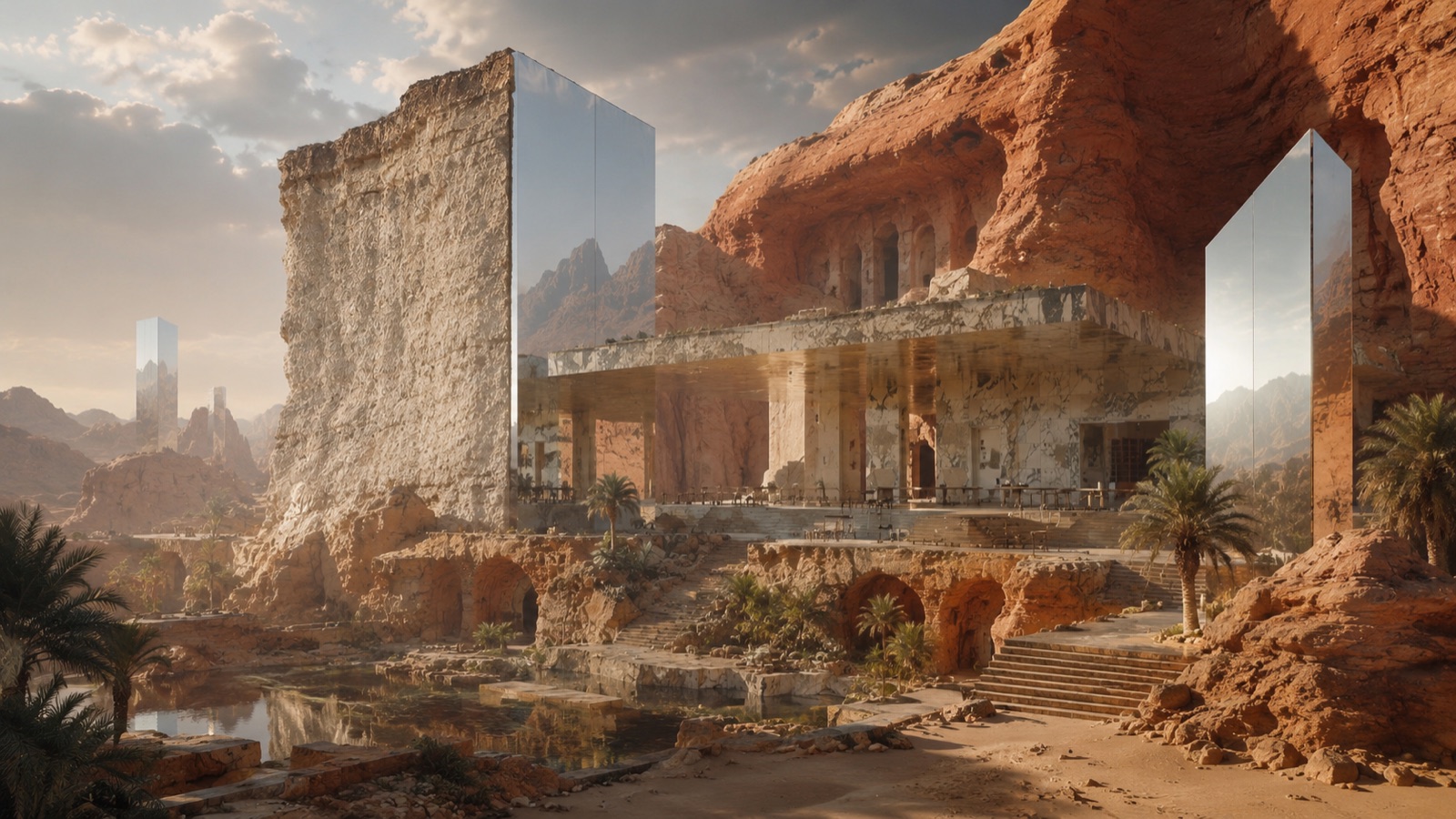 A mirrored monolith and marble pavilion carved into red desert cliffs