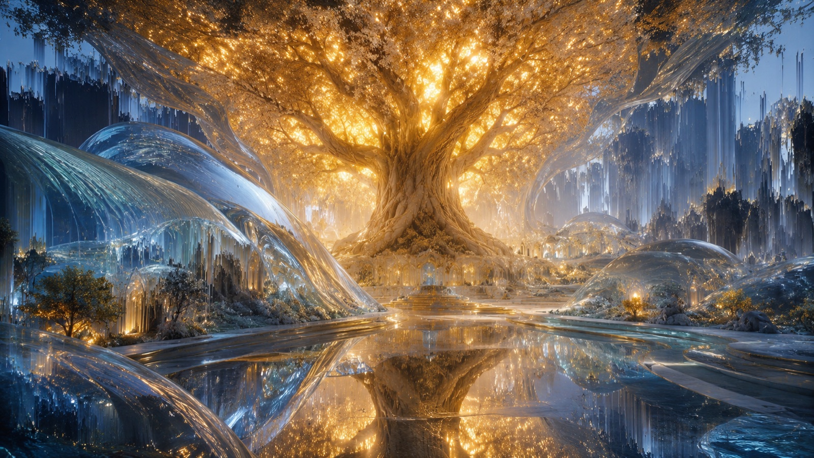 A great tree of golden light surrounded by glass waves