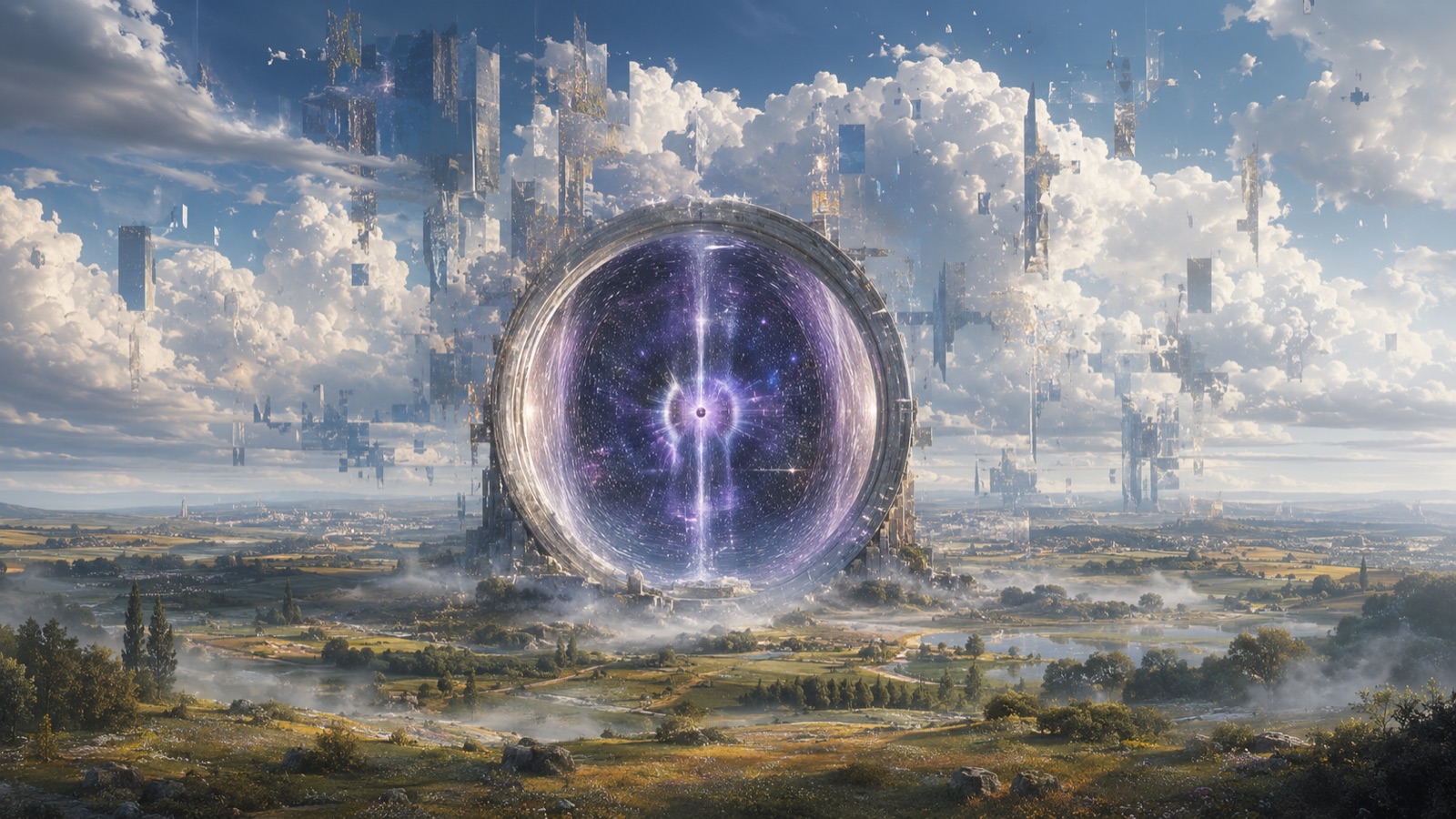 A vast circular portal of violet starlight standing over green fields